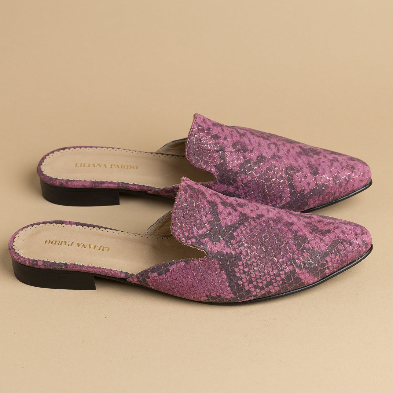 Pink Faux Snakeskin Mules Flat