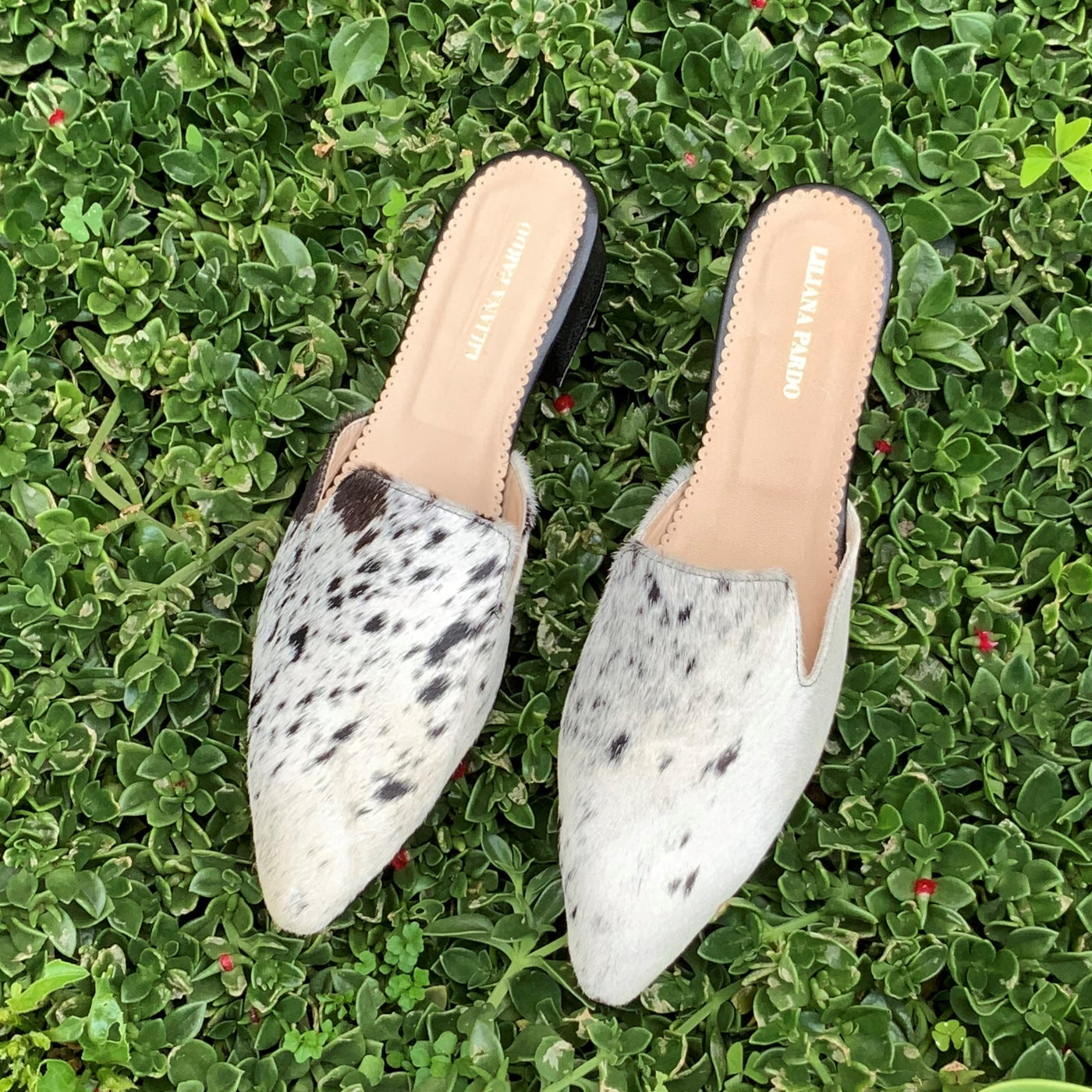 White/Black Horse Hair Mules  Low Heeled