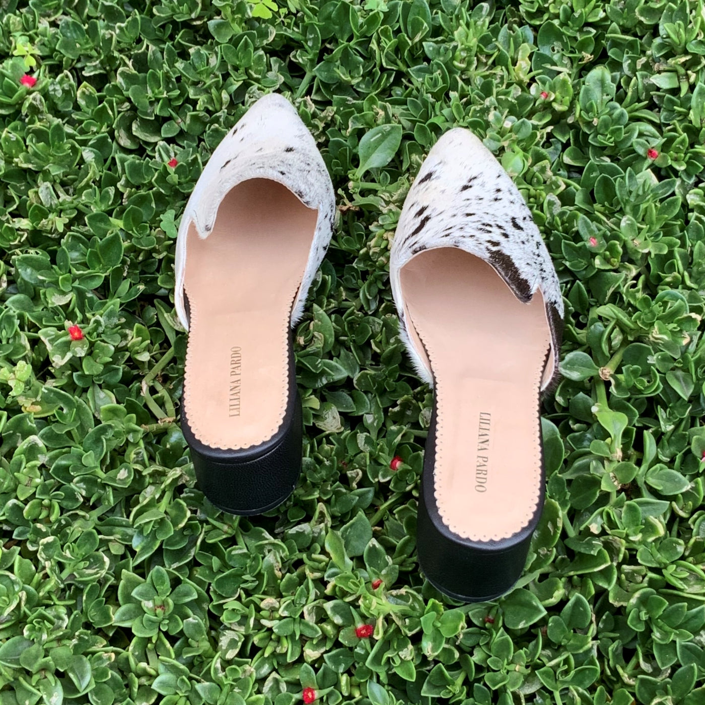 White/Black Horse Hair Mules  Low Heeled