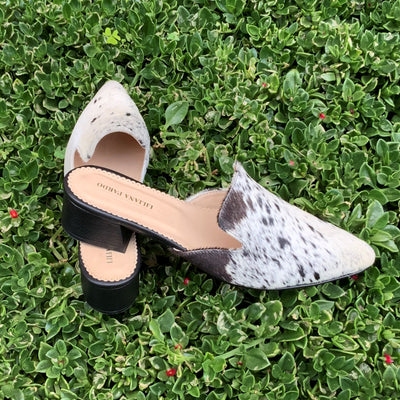 White/Black Horse Hair Mules  Low Heeled