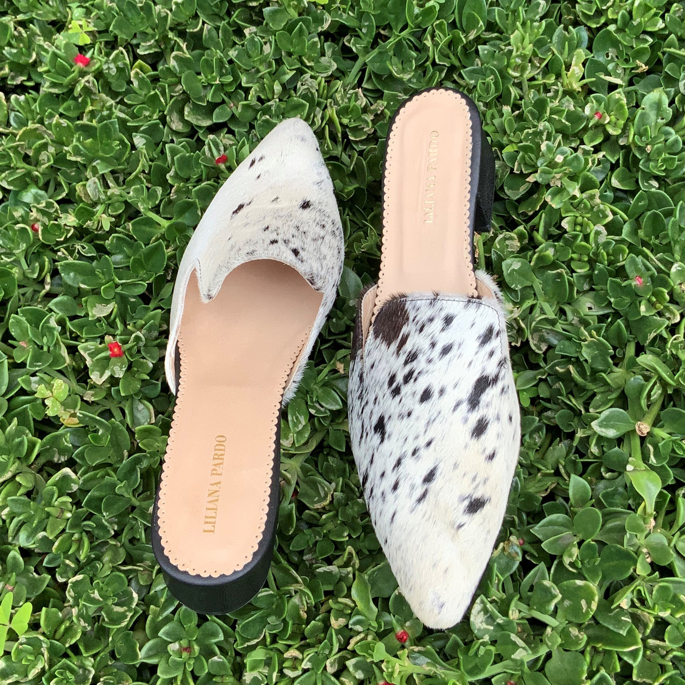 White/Black Horse Hair Mules  Low Heeled