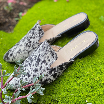 White/Black Horse Hair Mules Flat